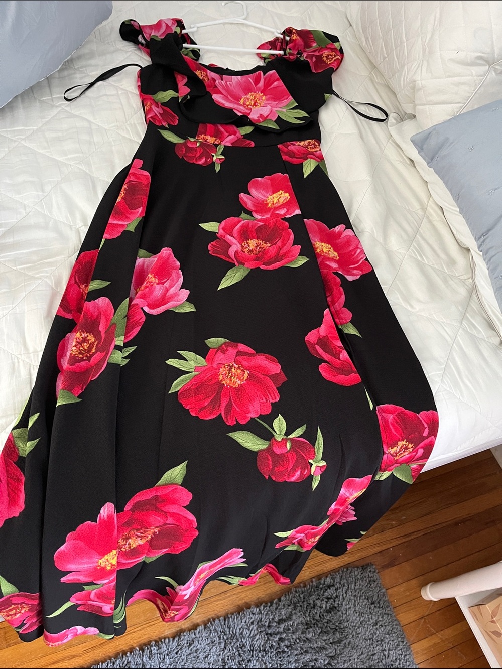 Black Maxi Dress with Pink Floral Print